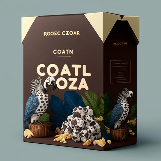 design a chocolate box packaging, popcorn chocolate, mist have chocolate and popcorn, must have tropical animal, selling in zoo, attractive to kids