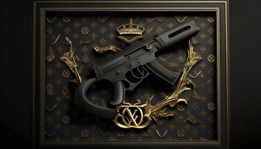 design a fram with Louis vuitton black mat background and a black gold Ak 47 centred the fram , 32k hd , high quality --ar 16:9