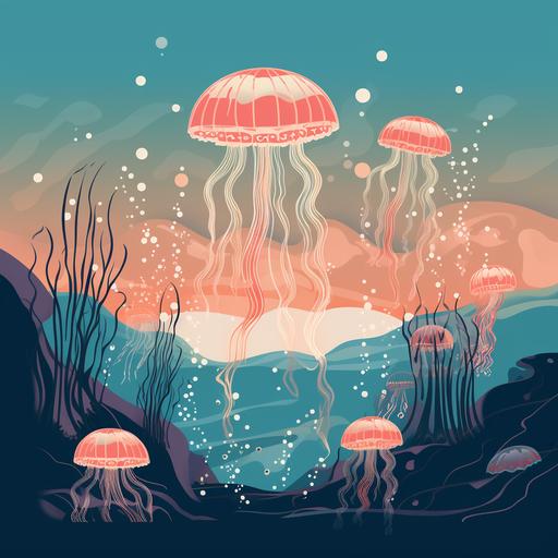 design a psychedelic illustration scenery with shrroms on ground and jellyfish in sky, png, clean background, illustration, minimalist, postal colour pallet, repeating pattern
