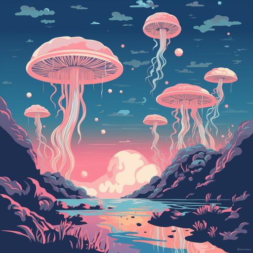 design a psychedelic illustration scenery with mushrooms ground on ground and jellyfish in sky, png, clean background, illustration, minimalist, postal colour pallet, repeating pattern