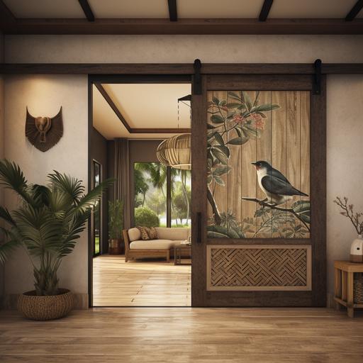 design a sliding door for a resort villa which the seperate the different areas. the door design to be rustic style..add African style touches to the design. add door handle. indoor the villa sliding door. rustic. birds design theme on the doors. rustic design style. partially glass. access to the bedroom--s 750