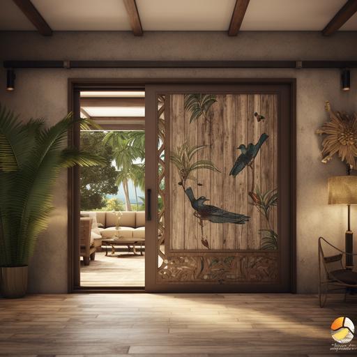 design a sliding door for a resort villa which the seperate the different areas. the door design to be rustic style..add African style touches to the design. add door handle. indoor the villa sliding door. rustic. birds design theme on the doors. rustic design style. partially glass. access to the bedroom--s 750