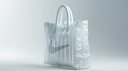 design a white or transparent nike shopping bag for a futurist store for Nike, inspired by the style of the fashion brand Moncler. The store is characterized by its innovative use of inflatable fabric, reflecting Nike's dynamic and energetic essence while incorporating the elegance and luxury associated with Moncler, clean white background, bright light cinematic, editorial photography, hyperrealistic details, soft rim light, maximum texture and material --ar 16:9 --v 6.0