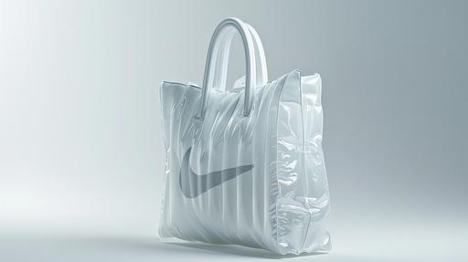 design a white or transparent nike shopping bag for a futurist store for Nike, inspired by the style of the fashion brand Moncler. The store is characterized by its innovative use of inflatable fabric, reflecting Nike's dynamic and energetic essence while incorporating the elegance and luxury associated with Moncler, clean white background, bright light cinematic, editorial photography, hyperrealistic details, soft rim light, maximum texture and material --ar 16:9