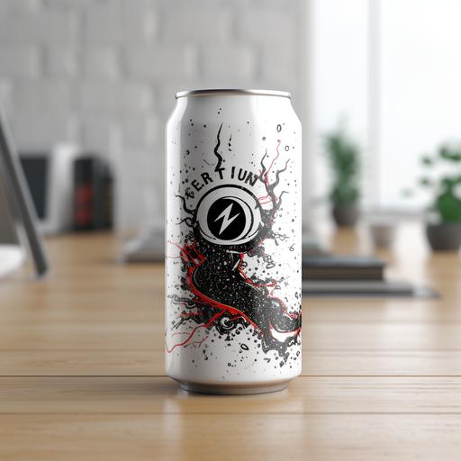 design an energy drink package, text layout, lightning and bubble sketch, premium minimalist drink pack, white background, on table