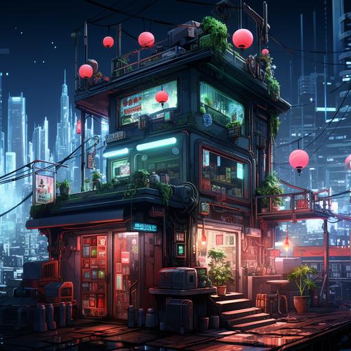 design an illustration, anime style, with a ultra realistic style, absolute attention to details, showing a futuristic neon cyberpunk style city with a little cozy green house on top of a scyscraper. illustration artistic and inspiring