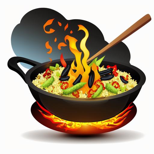 design clipart cartoon fride rice in wok with fire