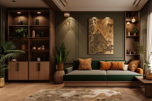 design interior wall of cabinet, length 5 meter, with 3 meter wardrobe for clothes, walls brown bege colors, banquette little sofa for chill near window, orange pillows, modern style, green plants, deep green velvet textiles, aesthetic wood decor, paintings, warm lights, ornament oriental carpet