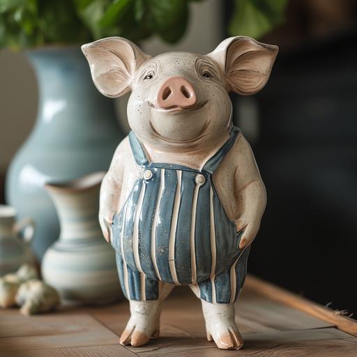 cartoon standing stoneware pig in striped overalls in entry foyer --v 6.0