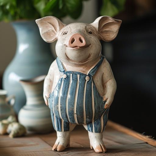 cartoon standing stoneware pig in striped overalls in entry foyer --v 6.0