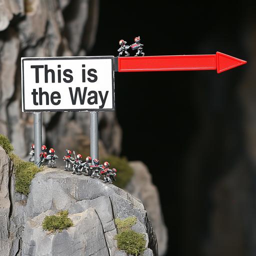 miniature robot lemmings heard running and falling off a infrastructure cliff one by one there’s a cartoon like sign with red arrow pointing direction off cliff and sign says 