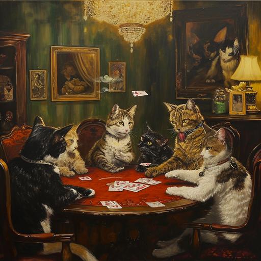 painting of cats playing strip poker around poker table hanging in a ceo dogs office --v 6.0 --s 50 --style raw