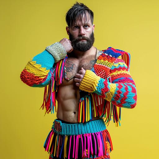 professional wrestler giving an interview in super tight knit ugly sweater in neon nineteen eighties colors with lots of tassels and fringe --s 50 --v 6.0 --style raw