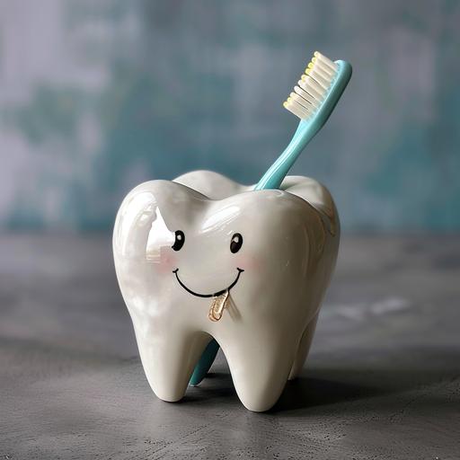 stoneware cartoon tooth holding a toothbrush --v 6.0