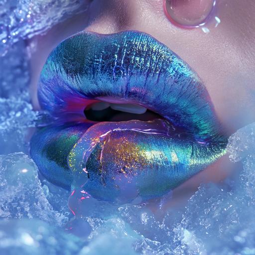 taste the frozen liquid rainbow exuberance of frozen motion from the bifrost waterfall emerging from the glitter plump full gloss blue sparkled lips of the goddess Freda --v 6.0