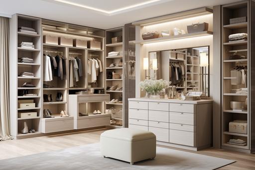design moden, elegant, more luxury Dressing Room for UK interiors. Neutral darker calming colours, natural elements-fall, walk-in closets with adjustable shelving, hanging rods, shoe racks, and specialized compartments for accessories, handbags, and jewelry, beautifully designed dressing table with a well-lit mirror offers a dedicated space for makeup application, hairstyling, and grooming. --ar 3:2