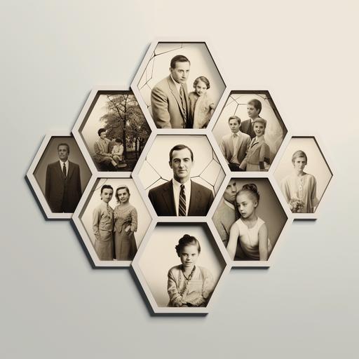 design of collage of seven individual photos arranged in a honeycomb-like pattern. The background is plain white, emphasizing the hexagonal frames around each photo. It gives the impression of a family or a group of close friends. 16-9. V6