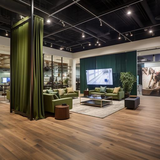 design sales experience center for real estate development that is a large square shaped room. On two of the walls, say the north facing and east facing walls, they have large TVs (nearly floor to ceiling in height) and then meet where the two walls meet. Left of of the north facing wall, there's a floor to ceiling dark green velvet curtain and same for the right of the east facing wall. On the west wall, there's a counter height count with drawers, a wine fridge and a regular small fridge. Above the counter there's a series of framed prints featuring seens of the canyons. In the center of the room, there's is a low rise Minotti brand luxury couch and two chairs. On the screen is the canyon landscape of the mcoullouge range in Nevada. Want this to look hyper-realistic.