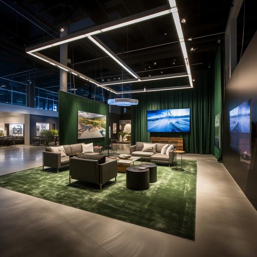 design sales experience center for real estate development that is a large square shaped room. On two of the walls, say the north facing and east facing walls, they have large TVs (nearly floor to ceiling in height) and then meet where the two walls meet. Left of of the north facing wall, there's a floor to ceiling dark green velvet curtain and same for the right of the east facing wall. On the west wall, there's a counter height count with drawers, a wine fridge and a regular small fridge. Above the counter there's a series of framed prints featuring seens of the canyons. In the center of the room, there's is a low rise Minotti brand luxury couch and two chairs. On the screen is the canyon landscape of the mcoullouge range in Nevada. Want this to look hyper-realistic.