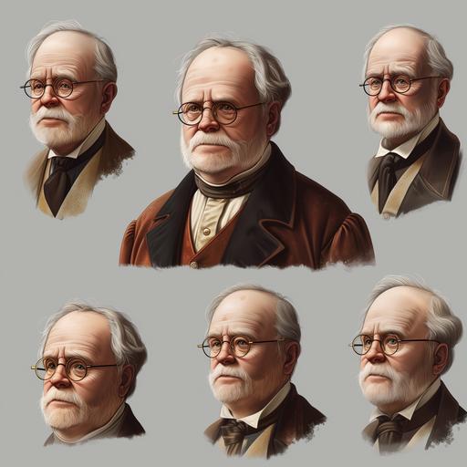 design-sheet of a 60 year old cockney british businessman in the 1880s. consistent character headshots with various positions. overweight, spectacles, oily white hair, short facial hair. light gray background. --style raw --no cartoon, large nose, large ears, large chin --v 6.0