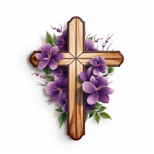 designed logo of a modern wooden cross with purple flowers around and shades around. The background is white