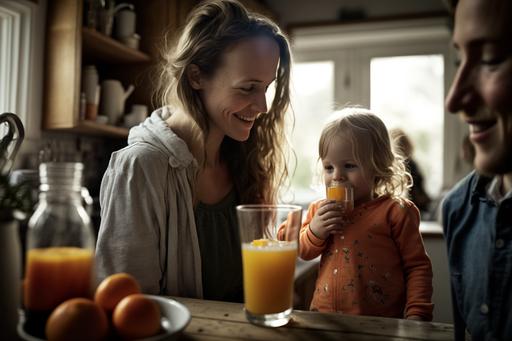 a young mother between the ages of 28 and 35 in the foreground, smiling, contended with life, pouring orange juice into a glass that is standing on the breakfast table, blurry children and husband playing in the background, early morning, light comforting background, stories in motion, Sony a7R IV camera, Meike 85mm F1.8 lens, 4k, --ar 3:2