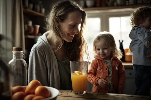 a young mother between the ages of 28 and 35 in the foreground, smiling, contended with life, pouring orange juice into a glass that is standing on the breakfast table, blurry children and husband playing in the background, early morning, light comforting background, stories in motion, Sony a7R IV camera, Meike 85mm F1.8 lens, 4k, --ar 3:2