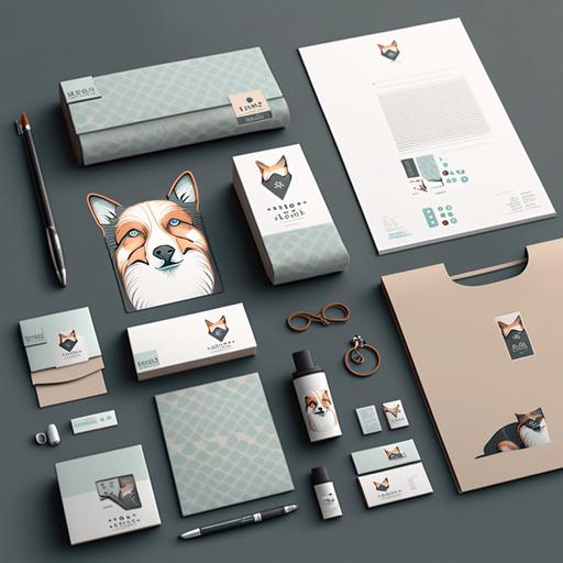 designer portfolio case, corporate identity development for a pet store, vector logo, business card, mocap, packaging pattern