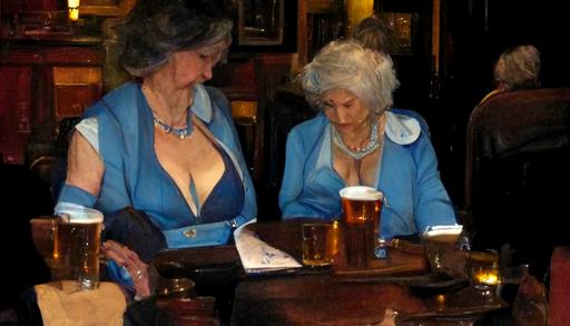 desirable attractive older woman sitting two stools down from me, enjoying a pint at the pub, posh, well-dressed, wearing a low-cut light blue silk dress tailored for a very close fit with large buttons down the front belted at the waist, black Victoria's Secret demicup pushup bra, royal blue high heels, ddd chest size, trim, fit body, curvy, bodacious, vivacious, slim waist, full lips, very little makeup, nice legs, several top buttons undone, smiling, leaning toward me supported by one hand on the stool next to her, revealing skin, full body, ultra-wide angle lens, --ar 16:9