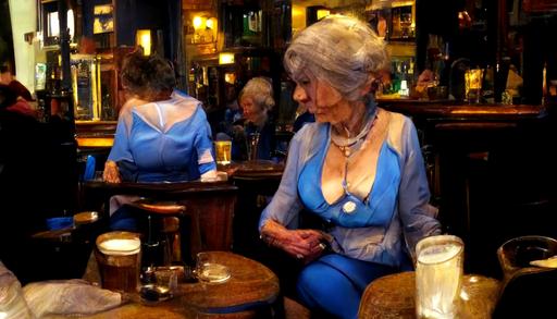 desirable attractive older woman sitting two stools down from me, enjoying a pint at the pub, posh, well-dressed, wearing a low-cut light blue silk dress tailored for a very close fit with large buttons down the front belted at the waist, black Victoria's Secret demicup pushup bra, royal blue high heels, ddd chest size, trim, fit body, curvy, bodacious, vivacious, slim waist, full lips, very little makeup, nice legs, several top buttons undone, smiling, leaning toward me supported by one hand on the stool next to her, revealing skin, full body, ultra-wide angle lens, --ar 16:9