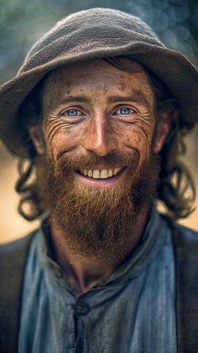 detailed and realistic cinematic shot photographed with Canon DSLR, a portrait of a 16th century, Amish man Menonita, man 30 y.o. man in a park, capturing the character and happiness in their face, smiling, medium shot, waist shot, hyperrealistic, studio lighting, messy hair, with a lot of freckles in his face, round blue eyes, big full lips, messy beard, hyperealistic, natural light, skin texture, soft natural lighting, magical photography, dramatic lighting, golden hour, photo realism, ultra-detailed, intimate portrait composition, use a Canon EOS R5 camera with a 85mm lens at F 2.8 aperture setting, blur the background and isolate the subjects, in candid 8k form, with realistic skin tones and sharp details, recreate a natural and authentic look in high quality, dramatic lighting, casting strong shadows and highlights on their bodies, creating a soft and warm glow that illuminates their bodies, photo realism, ultra-detailed, intimatecomposition --ar 9:16