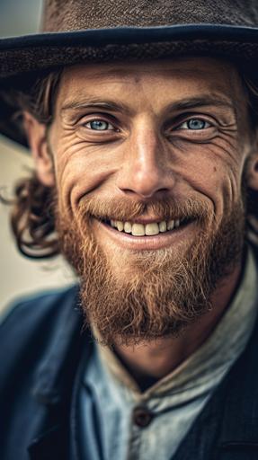 detailed and realistic cinematic shot photographed with Canon DSLR, a portrait of a 16th century, Amish man Menonita, man 30 y.o. man in a park, capturing the character and happiness in their face, smiling, medium shot, waist shot, hyperrealistic, studio lighting, messy hair, with a lot of freckles in his face, round blue eyes, big full lips, messy beard, hyperealistic, natural light, skin texture, soft natural lighting, magical photography, dramatic lighting, golden hour, photo realism, ultra-detailed, intimate portrait composition, use a Canon EOS R5 camera with a 85mm lens at F 2.8 aperture setting, blur the background and isolate the subjects, in candid 8k form, with realistic skin tones and sharp details, recreate a natural and authentic look in high quality, dramatic lighting, casting strong shadows and highlights on their bodies, creating a soft and warm glow that illuminates their bodies, photo realism, ultra-detailed, intimatecomposition --ar 9:16