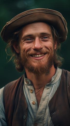 detailed and realistic cinematic shot photographed with Canon DSLR, a portrait of a 16th century, Amish man Menonita, man 30 y.o. man in a park, capturing the character and happiness in their face, smiling, medium shot, waist shot, hyperrealistic, studio lighting, messy hair, with a lot of freckles in his face, round blue eyes, big full lips, messy beard, hyperealistic, natural light, skin texture, soft natural lighting, magical photography, dramatic lighting, golden hour, photo realism, ultra-detailed, intimate portrait composition, use a Canon EOS R5 camera with a 85mm lens at F 2.8 aperture setting, blur the background and isolate the subjects, in candid 8k form, with realistic skin tones and sharp details, recreate a natural and authentic look in high quality, dramatic lighting, casting strong shadows and highlights on their bodies, creating a soft and warm glow that illuminates their bodies, photo realism, ultra-detailed, intimatecomposition --ar 9:16