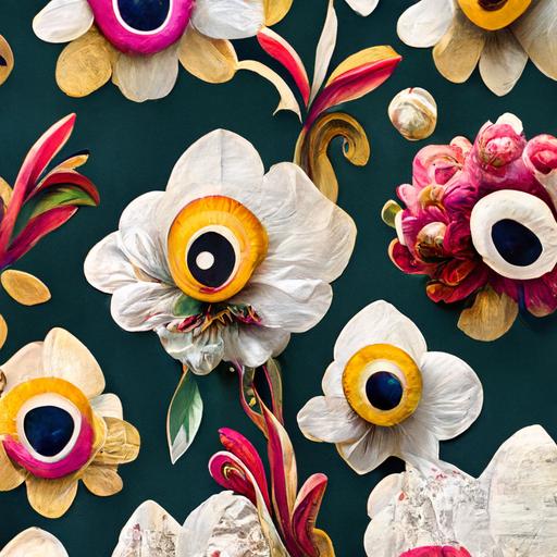 detailed chintz pearl white wallpaper with colorful bouquet of flowers, with a colorful venetian mask in foreground seamless