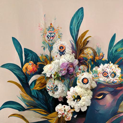 detailed chintz pearl white wallpaper with colorful bouquet of flowers, with a colorful venetian mask in foreground   seamless