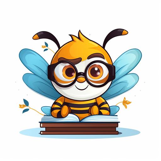 detailed colourful logo drawn on white paper with a cute bee with glasses reading a book cartoon stile