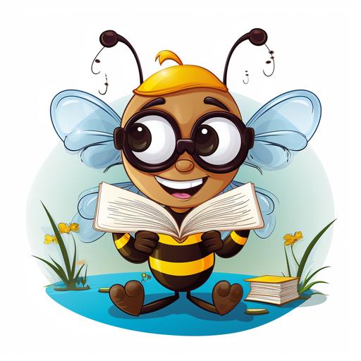 detailed colourful round logo drawn on white paper with a happy bee with smart glasses reading an opened book cartoon style, with the name Bee Press--ar