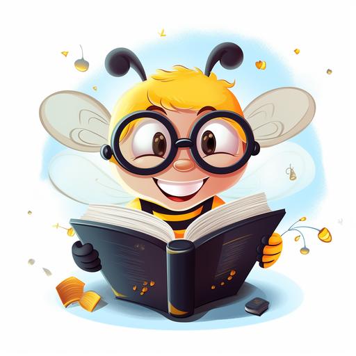 detailed colourful round logo drawn on white paper with a happy smart bee with glasses reading an opened book cartoon style, with the name Bee Press