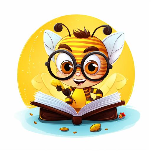 detailed colourful round logo for a company called Bee Press, drawn on white paper with a happy bee with smart glasses reading an opened big book cartoon style--ar