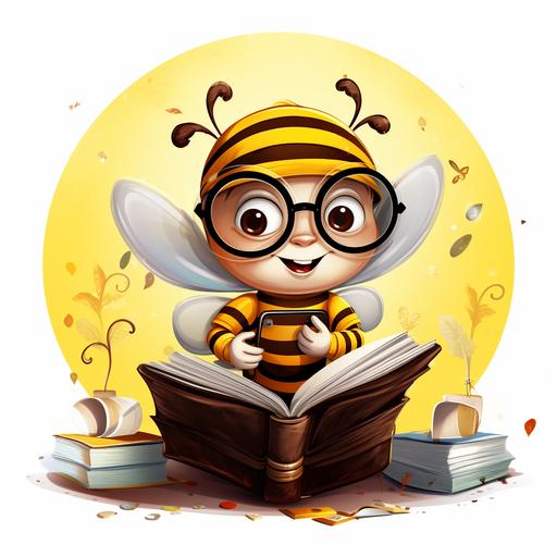 detailed colourful round logo for a company called Bee Press, drawn on white paper with a happy bee with smart glasses reading an opened big book cartoon style--ar