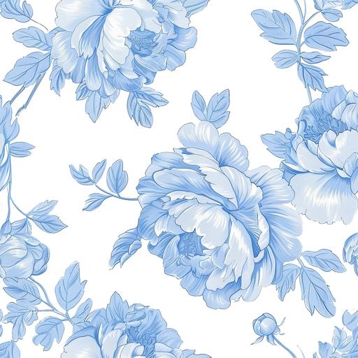 detailed image of a french toile pattern of beautiful light blue peony flowers, some space between flowers, seamless pattern, french toile style, pastel colors, white background --tile --stylize 50