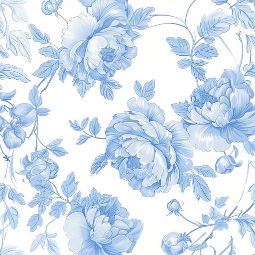 detailed image of a french toile pattern of beautiful light blue peony flowers, some space between flowers, seamless pattern, french toile style, pastel colors, white background --stylize 50