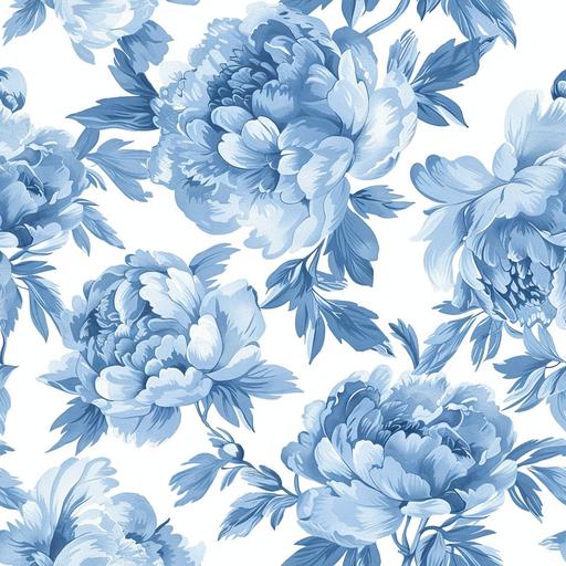 detailed image of a french toile pattern of beautiful light blue peony flowers, some space between flowers, seamless pattern, french toile style, pastel colors, white background --tile --stylize 50