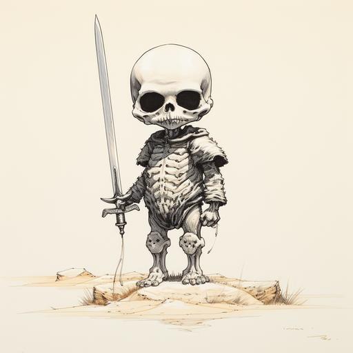detailed ink drawing by Syd Mead of a cute baby skeleton standing up holding a sword