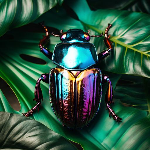 detailed macro photograph of a large scarab with Appalachian vaporwave markings and the beetle is standing on a tropical leaf
