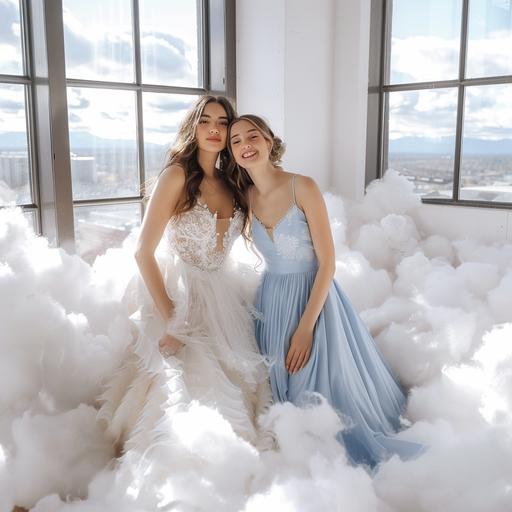 detailed makup pretty bridal white dress and maid of honor blue dress, cotton clouds floor, sunny big window, white room, , bright happy