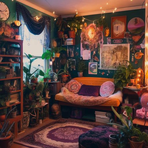 detailed maximalist lofi room of a teenage witch with a big window, lots of plants and witchy stuff laying around --v 5