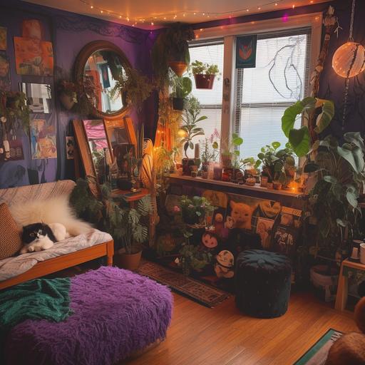 detailed maximalist lofi room of a teenage witch with a big window, lots of plants and witchy stuff laying around --v 5