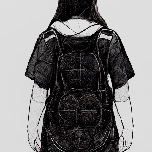 detailed sketch of a thin girl with prominent feminine traits and revealed exposed back wearing large turtle shell shape backpack on in the style of techwear with skin showing bag design blueprint cross-section all angles in the style of adult manga