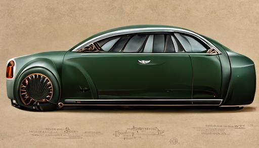 detailed steampunk dark green bentley flying spur, profile view, full view, luxury realistic schematic --ar 16:9